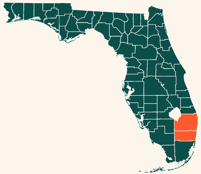 Map of Florida with Palm Beach and Broward counties highlighted